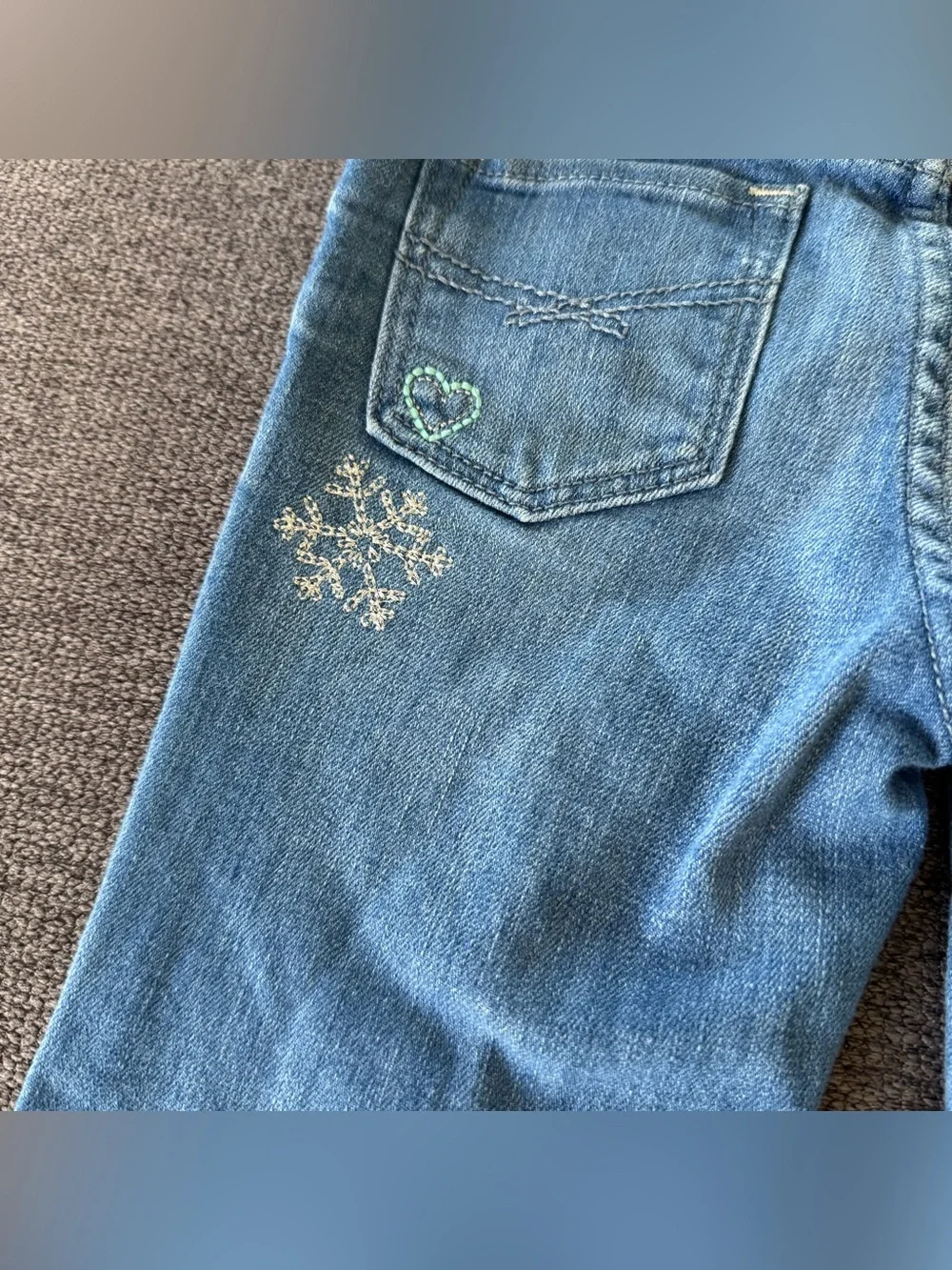 Gap Blue Denim Jeans Embroidered Heart  Ornaments Snowflake Holiday Christmas 5
